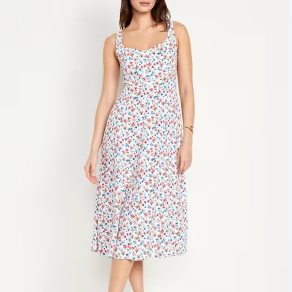 Old Navy Fit & Flare Sleeveless Linen-Blend Midi Dress Floral M Petite